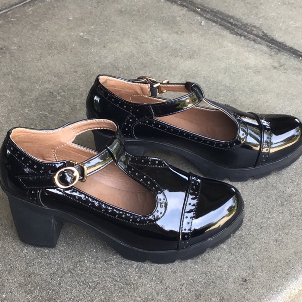 Black Patent Leather T Strap Mary Jane Heels